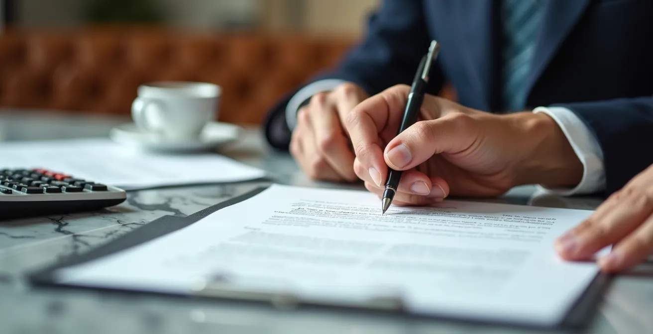 Mani di imprenditori che firmano documenti societari su tavolo minimalista con calcolatrice