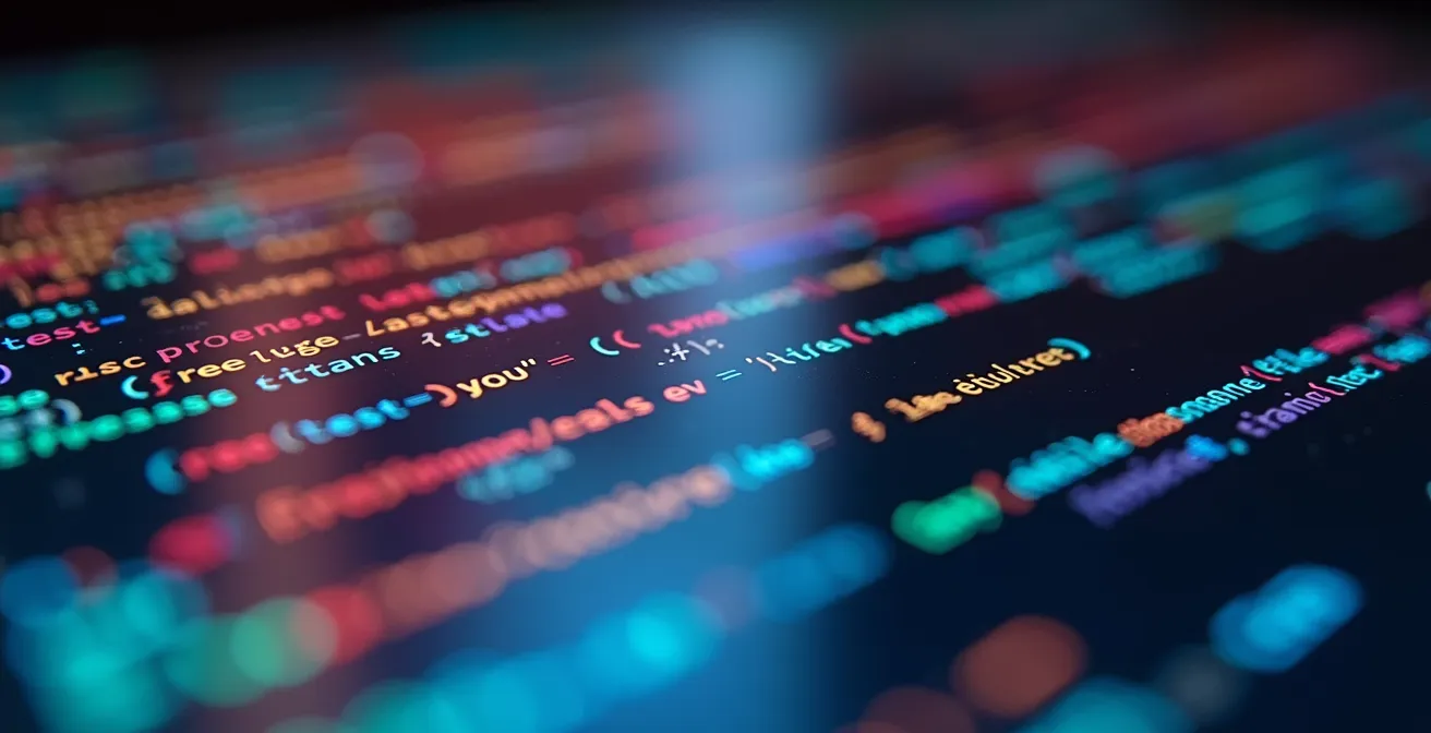 Dettaglio macro di codice su schermo con riflessi colorati