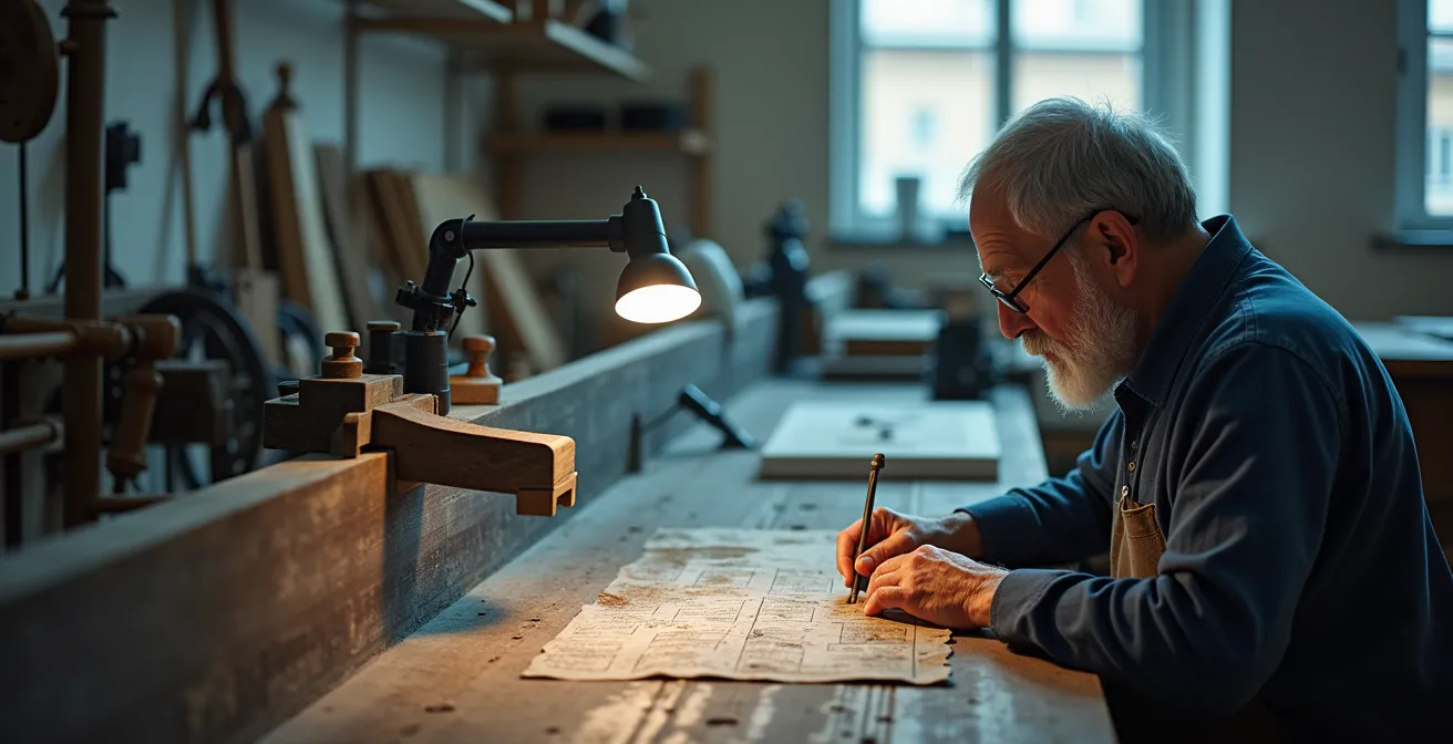 Mani di un artigiano al lavoro su un pezzo di precisione, mentre intorno a lui flussi di dati olografici rappresentano processi automatizzati in sottofondo