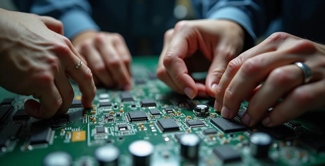 Dettaglio ravvicinato di mani che lavorano su componenti tecnologici durante formazione pratica