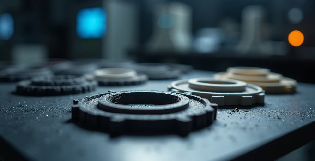 Macro dettaglio di provini stampati in diversi materiali sottoposti a test di trazione