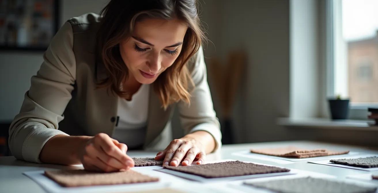 Professionista del design analizza pattern e tendenze in ambiente di lavoro contemporaneo
