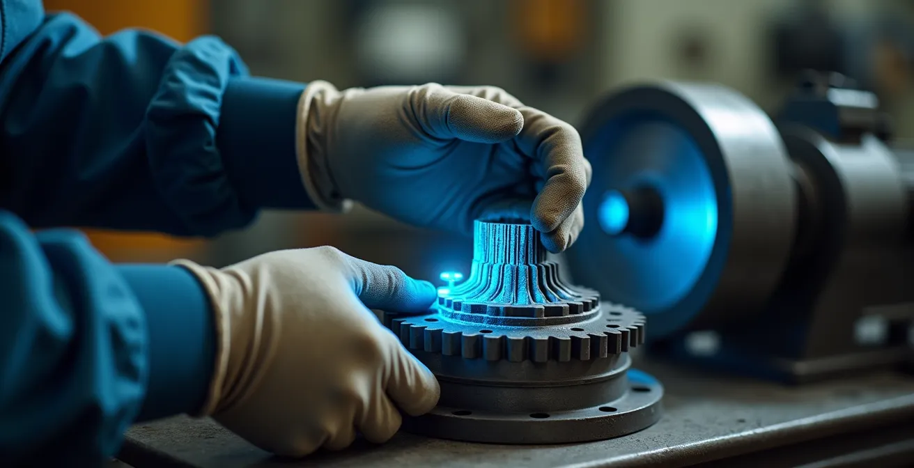 Operatore che scansiona componente meccanico vintage con scanner 3D a luce strutturata