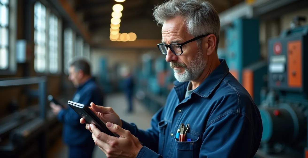 Manutentore esperto italiano che analizza dati predittivi su tablet industriale