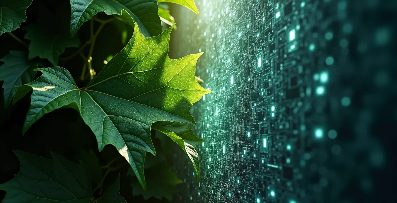 Foglie verdi che si trasformano in circuiti elettronici efficienti