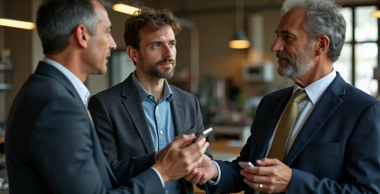 Giovane imprenditore presenta prototipo digitale a imprenditori locali in distretto industriale italiano