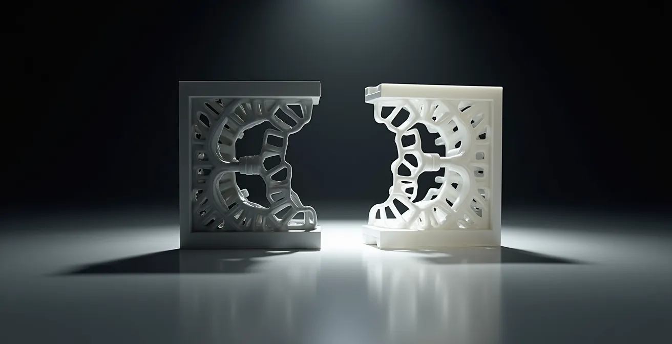 Componente meccanico con struttura reticolare interna visibile attraverso sezione trasparente