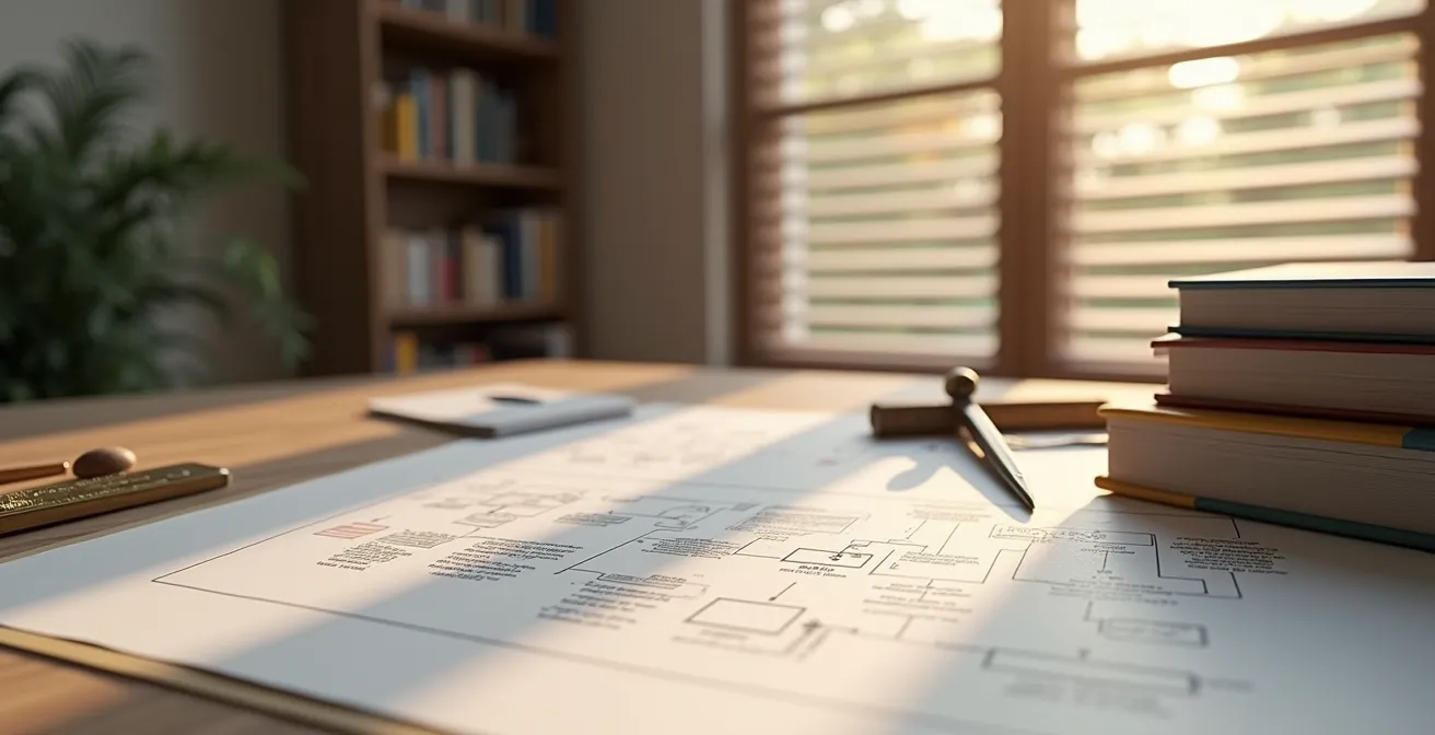 Postazione di studio con libri di ingegneria e schemi progettuali per esame di Stato