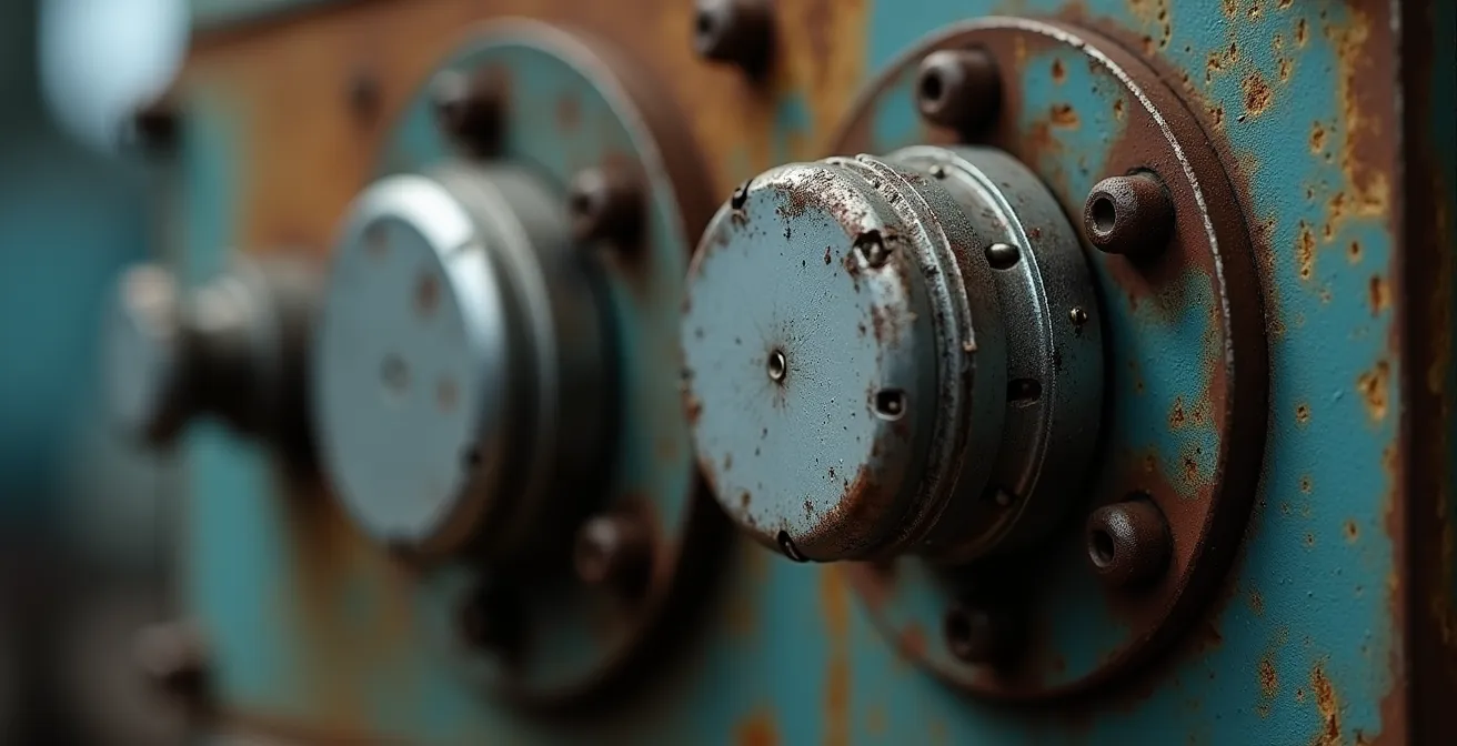 Dettaglio di vecchio macchinario industriale con sensori IoT retrofittati