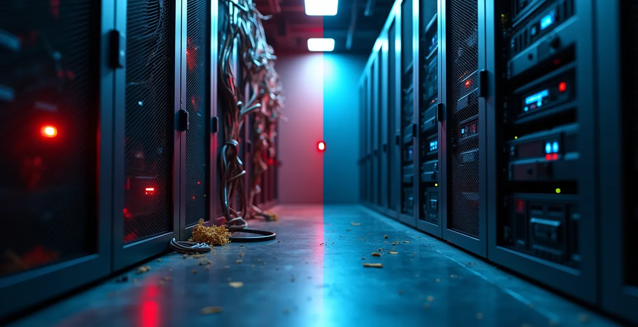 Server obsoleto con cavi aggrovagliati e luci rosse lampeggianti che si trasforma in una sala server moderna e ordinata con luci blu