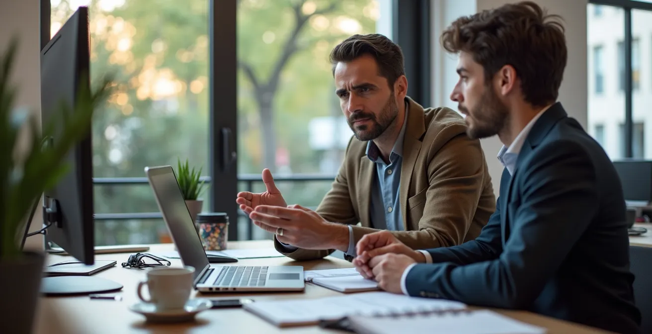 Developer senior in sessione di mentoring con junior in ufficio open space italiano