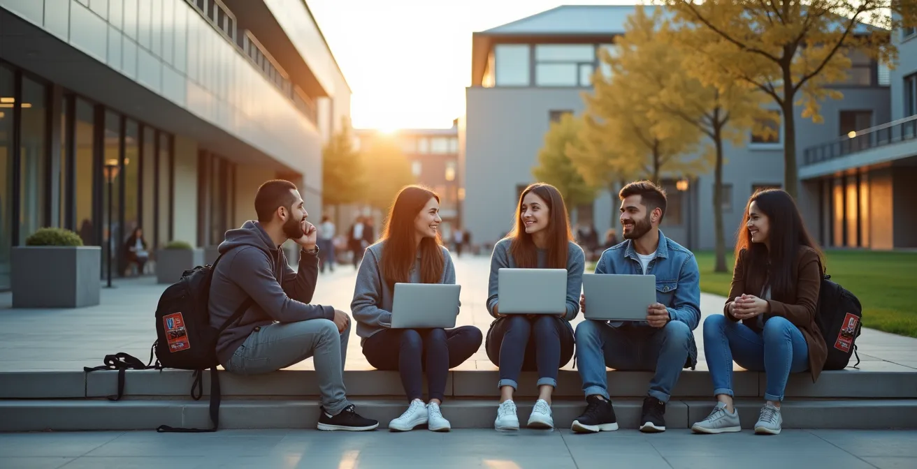 Gruppo internazionale di studenti in un campus universitario europeo