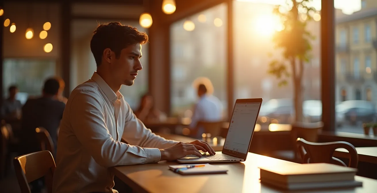 Studente che studia al laptop in un caffè durante la pausa pranzo, simbolo di equilibrio tra lavoro e studio.