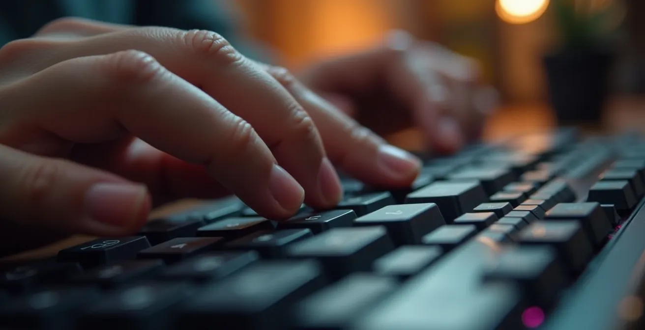 Dettaglio macro di mani che digitano codice su una tastiera meccanica, simbolo del lavoro pratico dello sviluppatore.