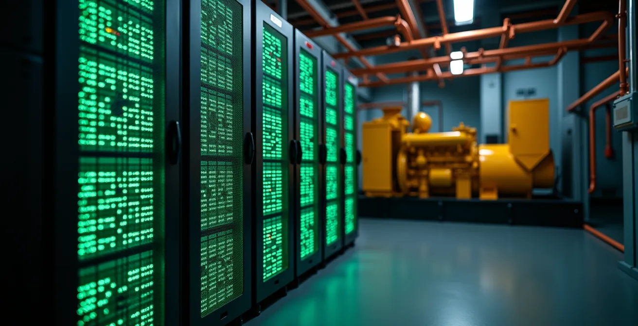 Sistema UPS modulare e gruppo elettrogeno industriale in sala tecnica di un data center