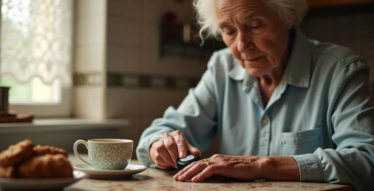 Persona anziana italiana che utilizza facilmente un dispositivo di monitoraggio cardiaco con interfaccia semplificata