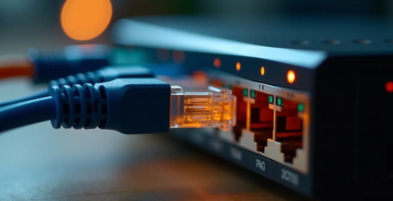 Vista macro dettagliata delle porte ethernet di un router dual-WAN con cavi collegati