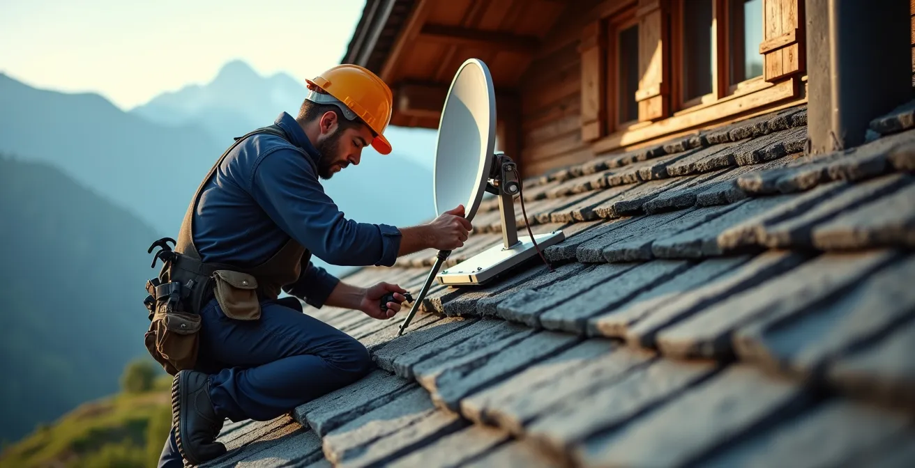 Tecnico che installa antenna Starlink sul tetto in legno di una baita alpina