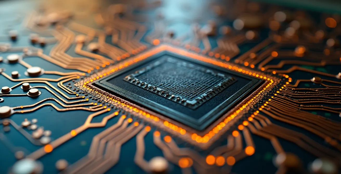 Dettaglio macro di un chip processore con pattern astratti di efficienza energetica