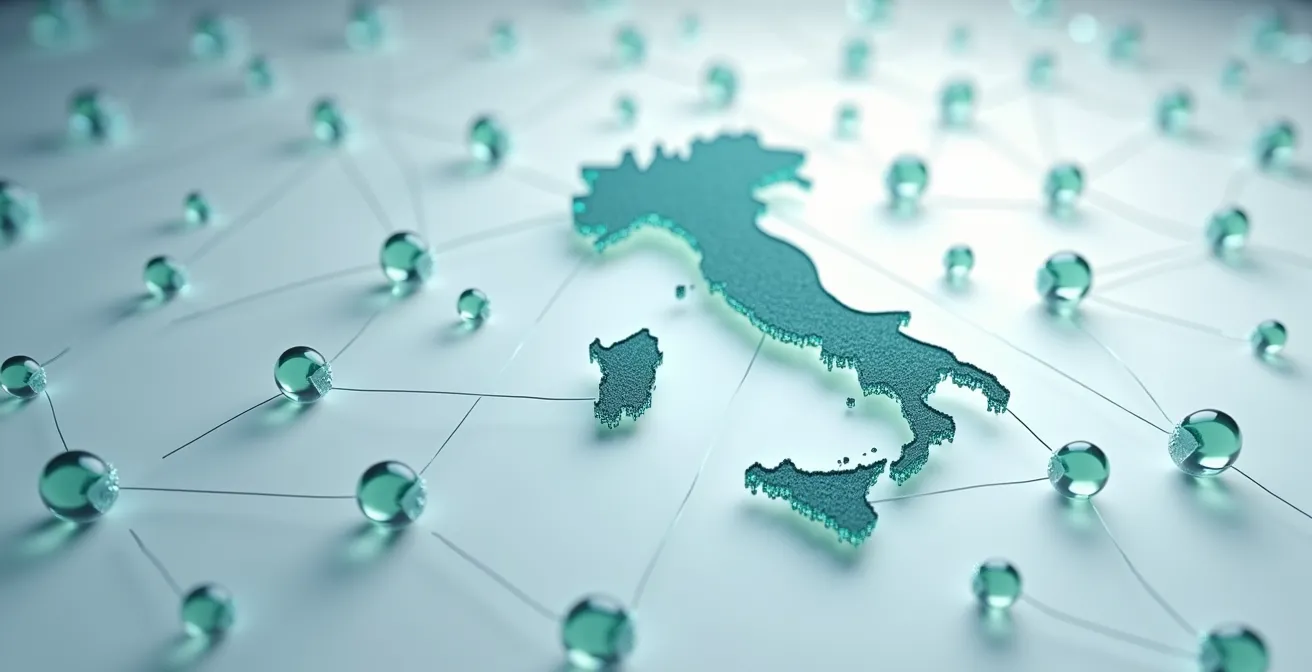Mappa astratta dell'Italia con nodi di rete interconnessi e flussi di dati ottimizzati