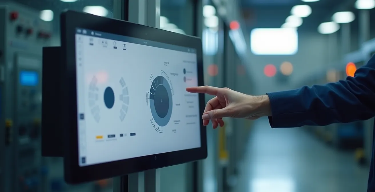 Interfaccia HMI moderna con layout pulito e organizzato in ambiente industriale