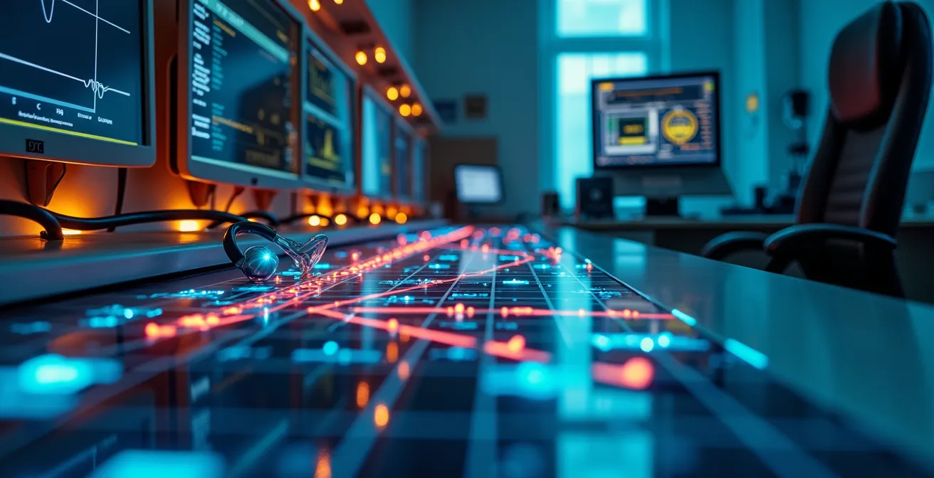 Centrale operativa di telemonitoraggio cardiaco con personale medico che analizza dati in tempo reale