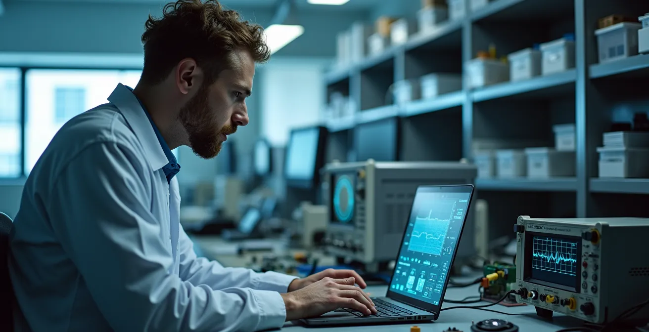 Laboratorio di test e certificazione per hardware IT ricondizionato con tecnici al lavoro