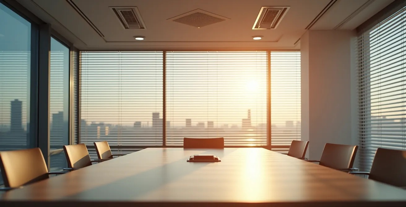 Sala riunioni moderna con sensori di presenza e sistema HVAC zonizzato visibile