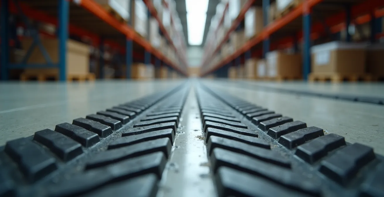 Vista dall'alto di un magazzino industriale con muletti in movimento e pattern di tracciamento