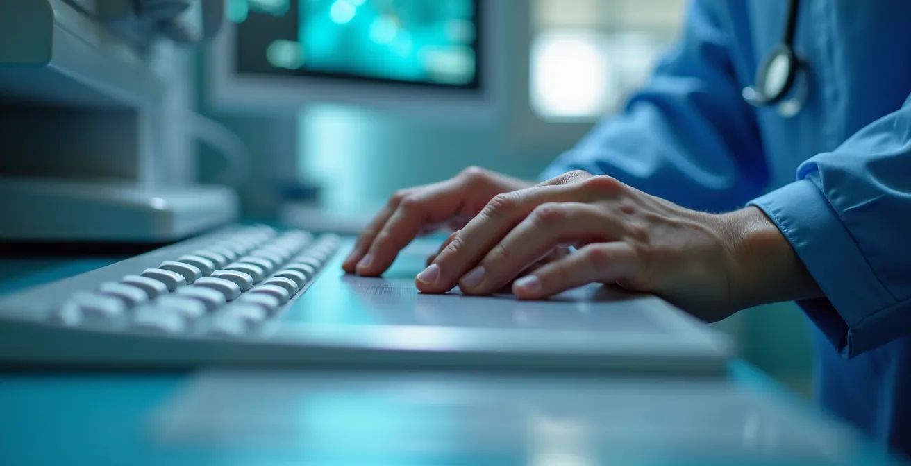 Dettaglio ravvicinato di mani di radiologo su workstation medicale con superfici tecnologiche